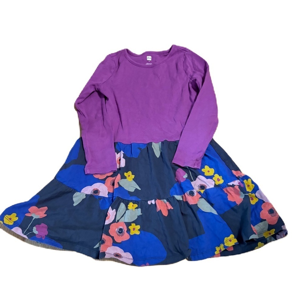 Tea Floral Purple and Blue Kids Dress Long Sleeve Sz 7